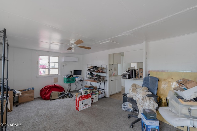 interior space featuring a wall mounted AC, light carpet, and ceiling fan