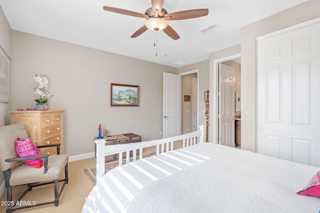 carpeted bedroom featuring ceiling fan