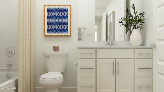 full bathroom featuring toilet, shower / tub combo, and vanity