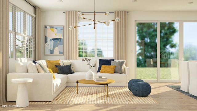 interior space with a chandelier and hardwood / wood-style floors