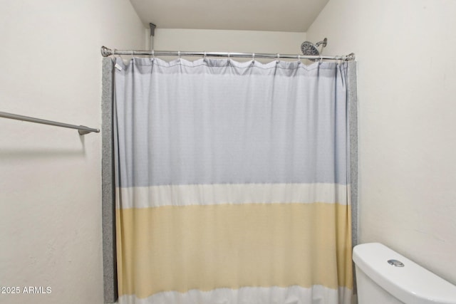 bathroom with toilet and a shower with shower curtain