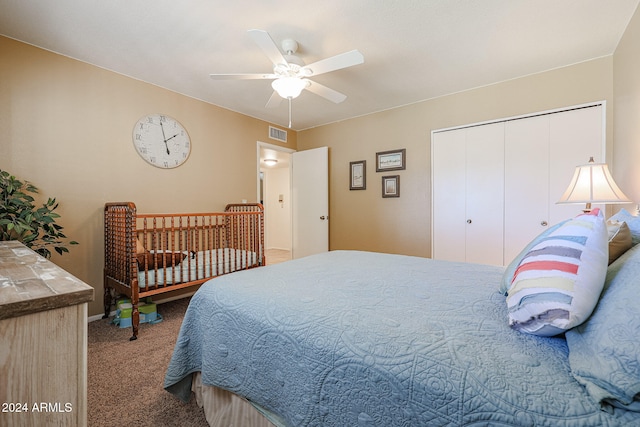 bedroom featuring carpet flooring, a closet, and ceiling fan