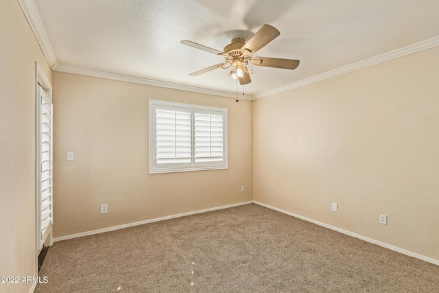 spare room with carpet flooring, ceiling fan, and ornamental molding