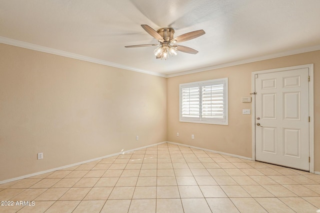 empty room with light tile patterned floors, ceiling fan, and crown molding