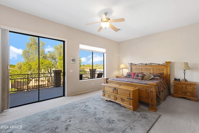 carpeted bedroom featuring access to outside and ceiling fan