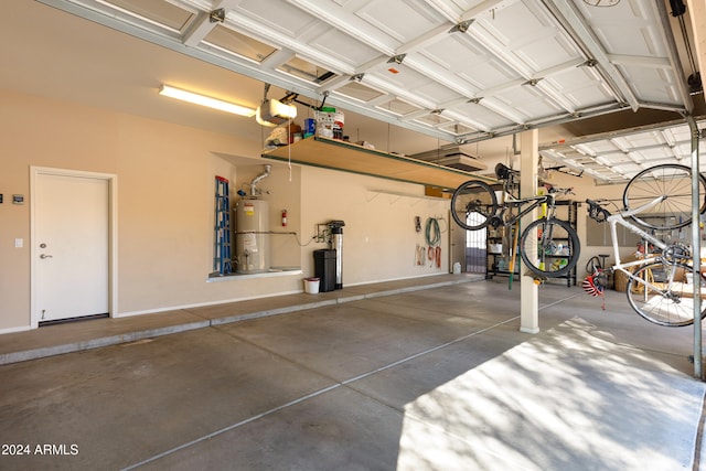 garage with a garage door opener and water heater