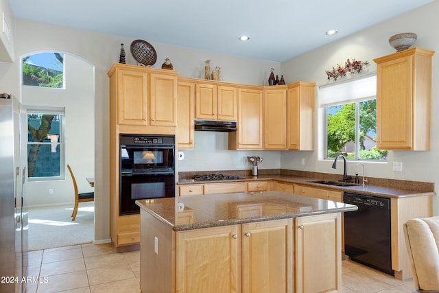 kitchen with black appliances, sink, plenty of natural light, and a kitchen island