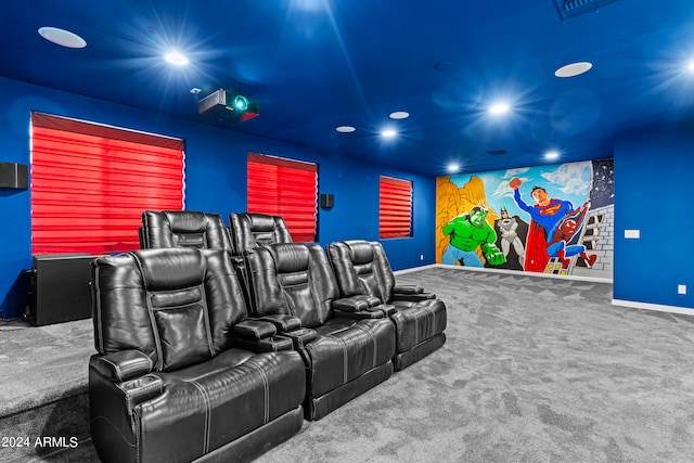 home theater room with carpet flooring