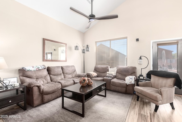 8637 W Kathleen Rd, Peoria, AZ 85382 - living room with high vaulted ceiling, a ceiling fan, and wood finished floors