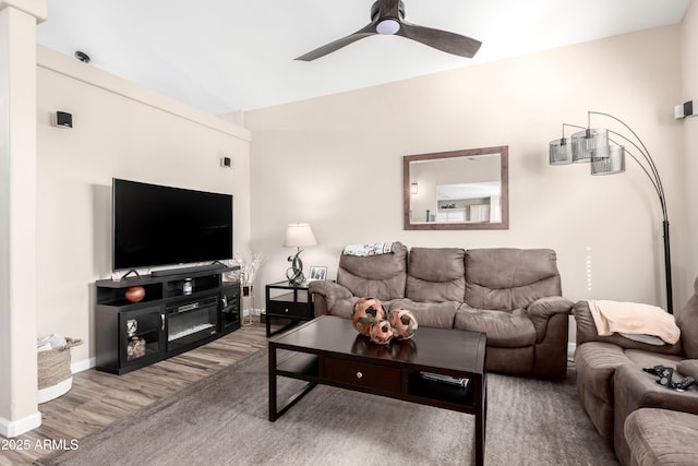 8637 W Kathleen Rd, Peoria, AZ 85382 - living room featuring baseboards, wood finished floors, ceiling fan, and vaulted ceiling