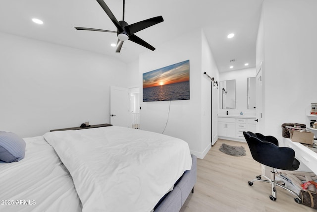 3034 N 39th St Unit 12, Phoenix, AZ 85018 - bedroom with light wood-style floors, recessed lighting, ensuite bath, and ceiling fan
