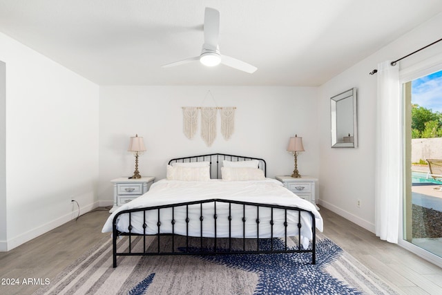 bedroom with ceiling fan, access to exterior, and light wood-type flooring