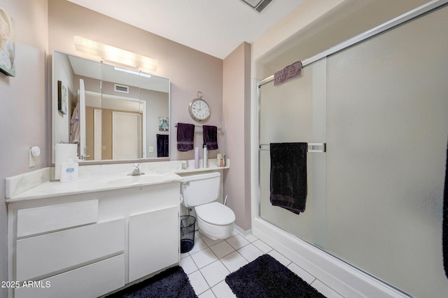 bathroom with tile patterned floors, vanity, toilet, and a shower with door