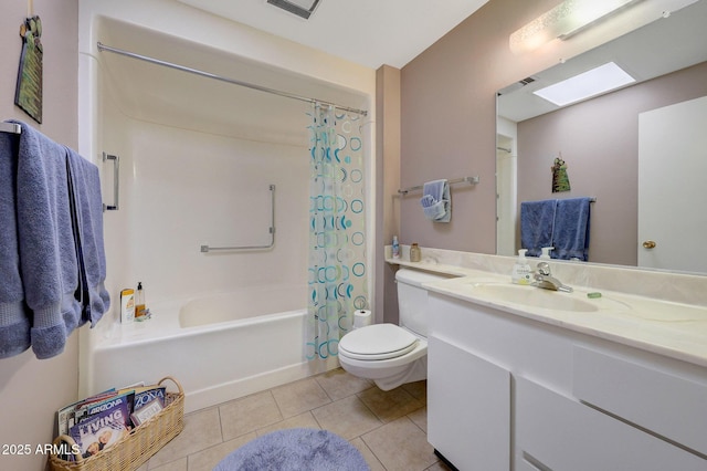 full bathroom featuring tile patterned flooring, shower / bath combo, vanity, and toilet