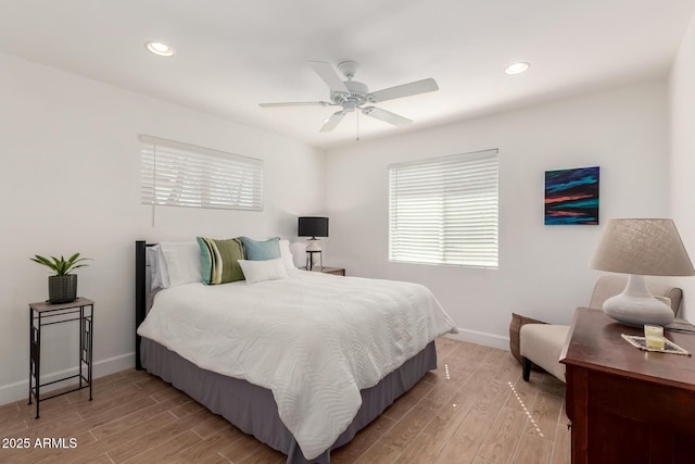 bedroom with recessed lighting, baseboards, light wood-type flooring, and ceiling fan