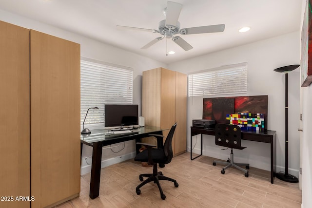 home office featuring recessed lighting, baseboards, a ceiling fan, and wood finished floors