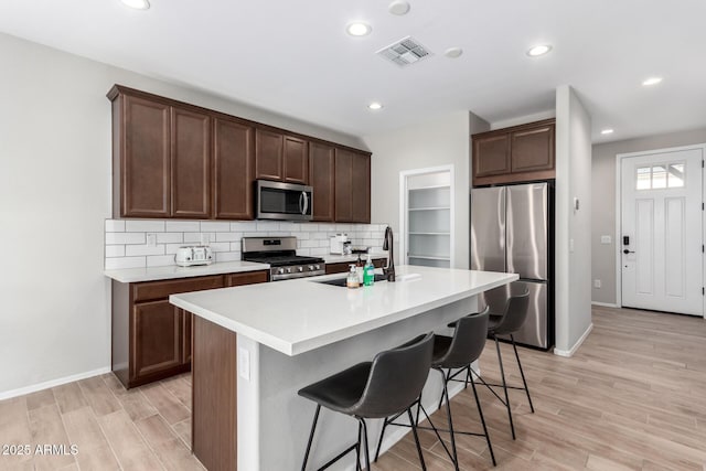 kitchen with visible vents, a sink, tasteful backsplash, stainless steel appliances, and light wood-style floors