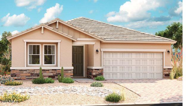 view of front of property with a garage, stone siding, driveway, and stucco siding