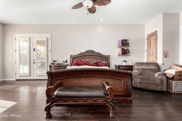 bedroom with dark hardwood / wood-style floors, access to exterior, ceiling fan, and french doors