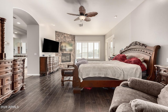 bedroom featuring dark hardwood / wood-style floors and ceiling fan