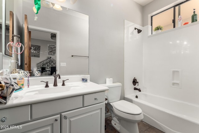 full bathroom with vanity, shower / tub combination, tile patterned floors, and toilet