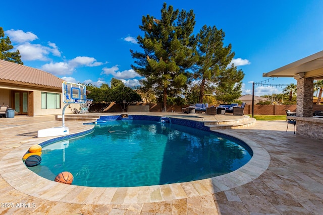 view of swimming pool with an outdoor hangout area and a patio