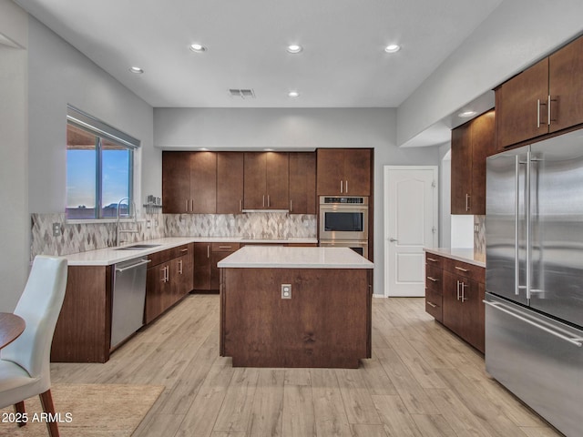 kitchen with decorative backsplash, stainless steel appliances, sink, and a kitchen island