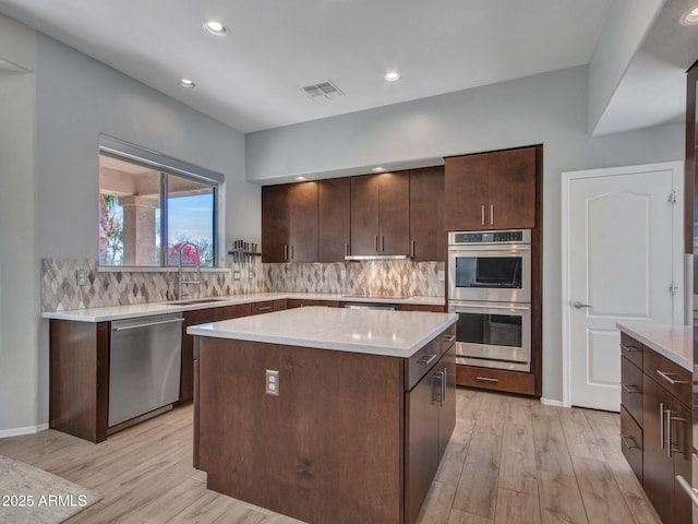 kitchen featuring sink, appliances with stainless steel finishes, backsplash, a kitchen island, and light wood-type flooring