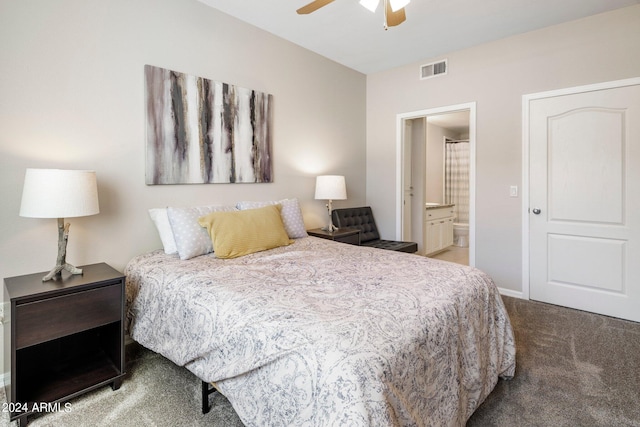 bedroom featuring carpet, connected bathroom, and ceiling fan