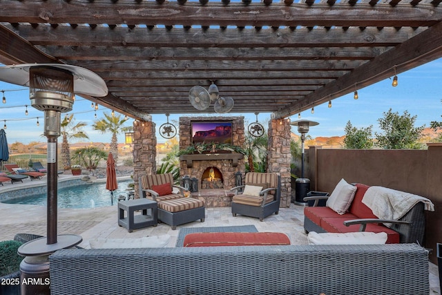 view of patio / terrace featuring a fenced in pool, an outdoor living space with a fireplace, and a pergola