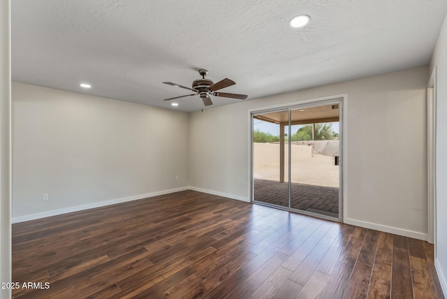 unfurnished room with a ceiling fan, dark wood-type flooring, a textured ceiling, baseboards, and recessed lighting