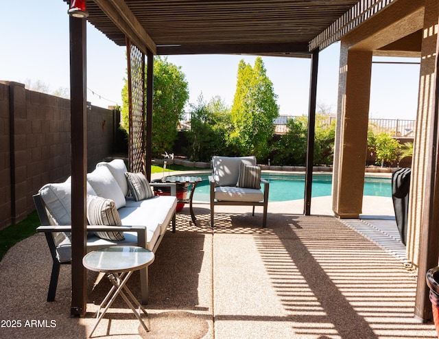 view of patio featuring a fenced backyard, a fenced in pool, and an outdoor hangout area