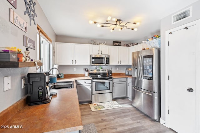 kitchen featuring white cabinetry, sink, stainless steel appliances, and light wood-type flooring