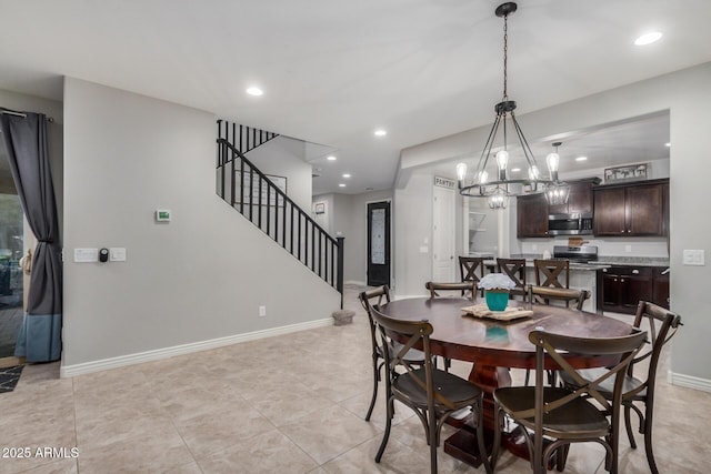 dining room featuring recessed lighting, stairway, baseboards, and light tile patterned flooring