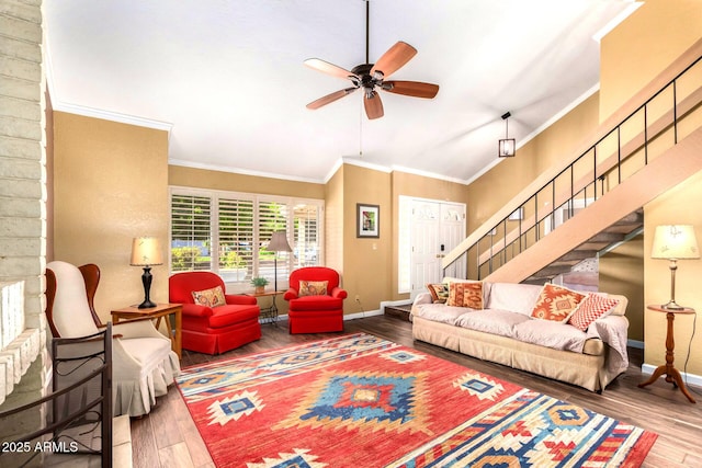 3377 W Grandview Rd, Phoenix, AZ 85053 - living room with baseboards, ceiling fan, wood finished floors, and vaulted ceiling