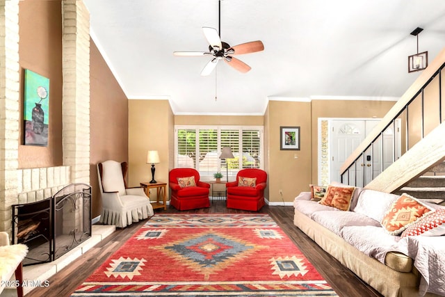 3377 W Grandview Rd, Phoenix, AZ 85053 - living area with crown molding, stairs, a ceiling fan, and wood finished floors