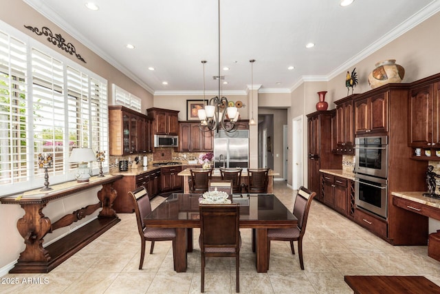 dining room with ornamental molding, recessed lighting, light tile patterned flooring, and a chandelier
