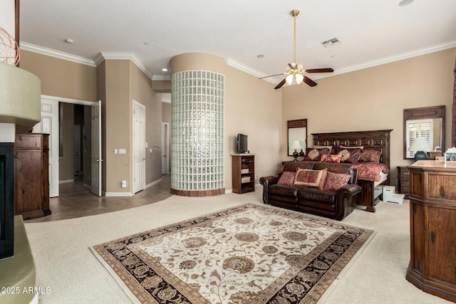 carpeted bedroom with crown molding, baseboards, recessed lighting, and visible vents