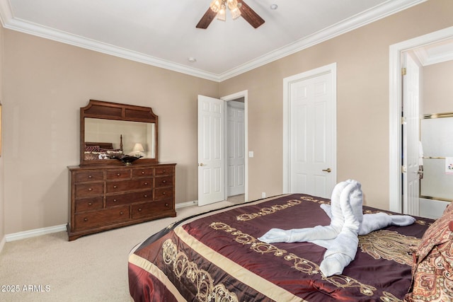 carpeted bedroom featuring crown molding, baseboards, and a ceiling fan