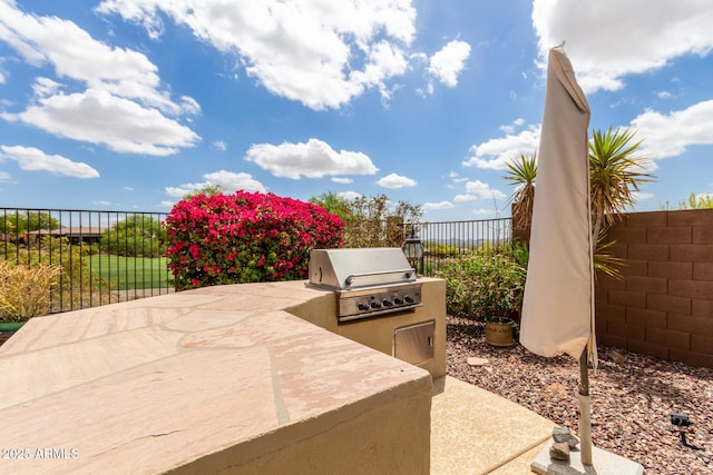 view of patio featuring a fenced backyard, exterior kitchen, and a grill