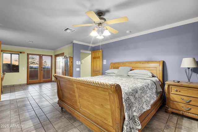 bedroom featuring crown molding, access to outside, ceiling fan, and french doors