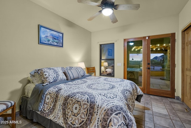 bedroom with access to exterior, french doors, and ceiling fan