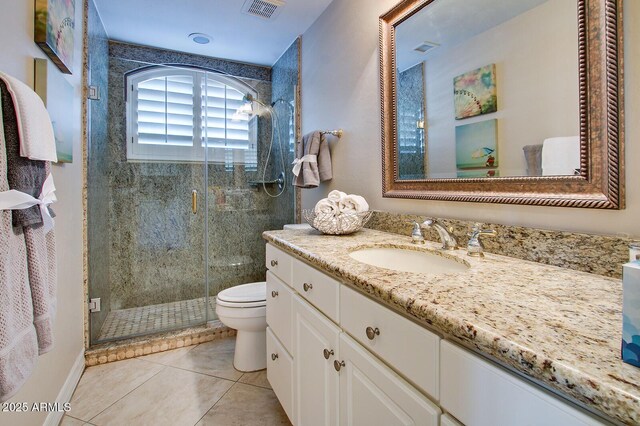 5281 W Quail Ave, Glendale, AZ 85308 - full bath featuring toilet, a shower stall, vanity, tile patterned floors, and baseboards