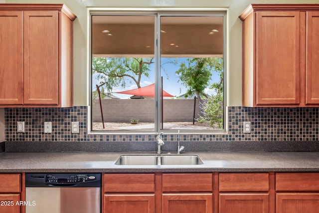 19245 W Pasadena Ave, Litchfield Park, AZ 85340 - kitchen with dishwasher, a sink, dark countertops, and decorative backsplash