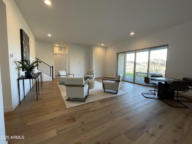 living room with a mountain view and light wood-type flooring