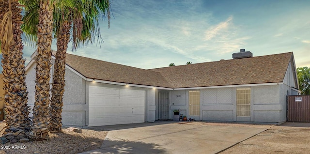 7431 W Mclellan Rd, Glendale, AZ 85303 - ranch-style house with roof with shingles, an attached garage, concrete driveway, a chimney, and stucco siding