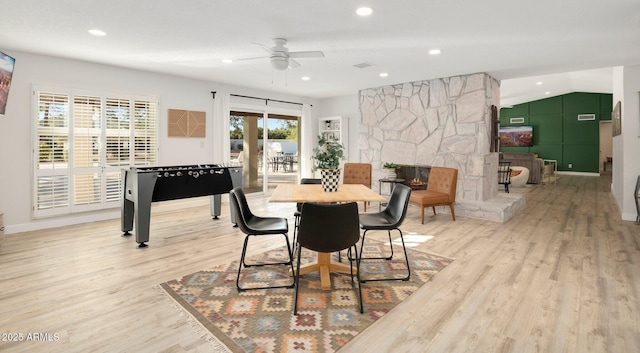 13620 N 80th Pl, Scottsdale, AZ 85260 - dining room featuring a ceiling fan, light wood-type flooring, baseboards, vaulted ceiling, and recessed lighting