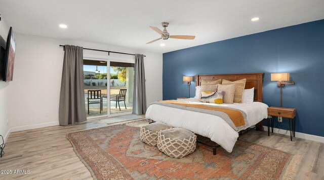 13620 N 80th Pl, Scottsdale, AZ 85260 - bedroom with access to exterior, light wood-style flooring, baseboards, and recessed lighting
