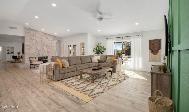 13620 N 80th Pl, Scottsdale, AZ 85260 - living area with light wood-style floors, a ceiling fan, recessed lighting, baseboards, and a fireplace