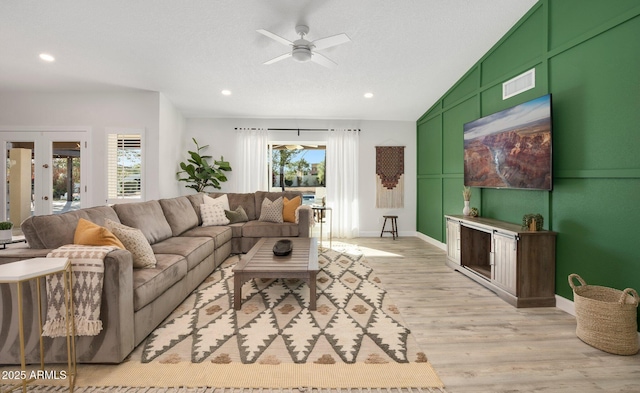 13620 N 80th Pl, Scottsdale, AZ 85260 - living area featuring healthy amount of natural light, a ceiling fan, light wood-style floors, recessed lighting, and lofted ceiling